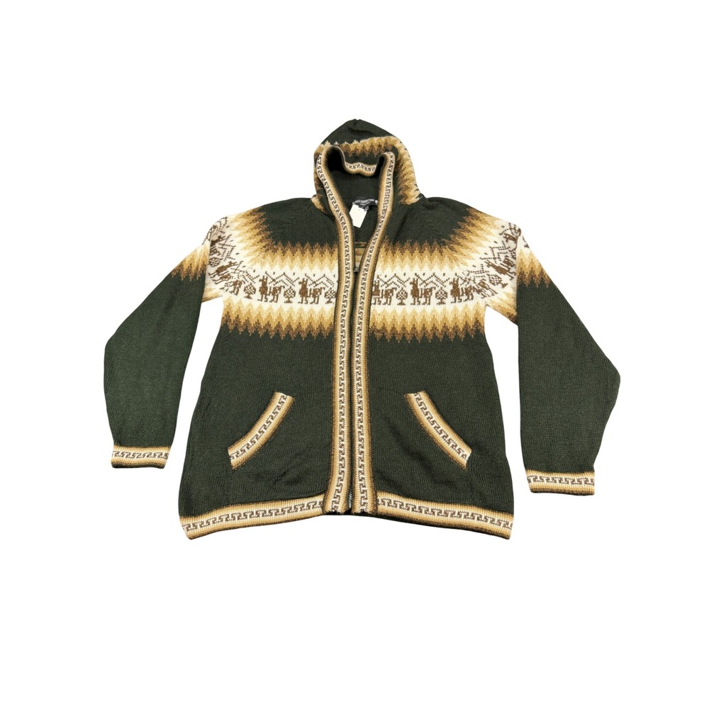 Alpaca Connection Peru Women Green Llama Fair Isle Knit Zip Up Hoodie Sweater L